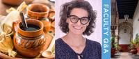 A collage of photos of traditional pottery, a headshot of smiling woman wearing glasses and text reading "Faculty Q&A"